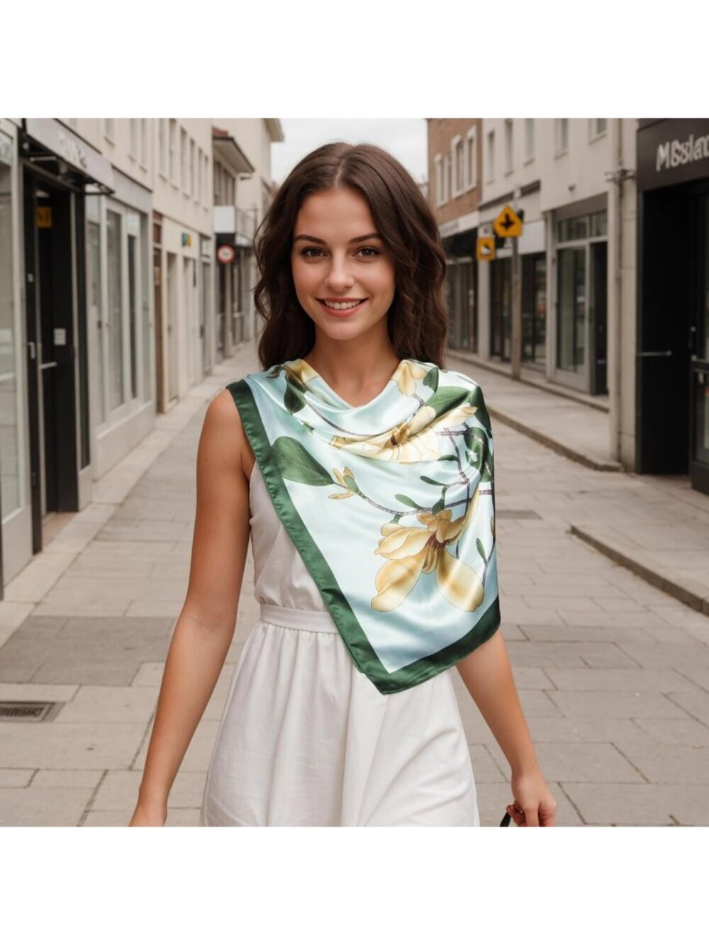 Women's Light Green Printed Square Scarf Bandanas Hair Scarf 35 Inches - Picture 3 of 6